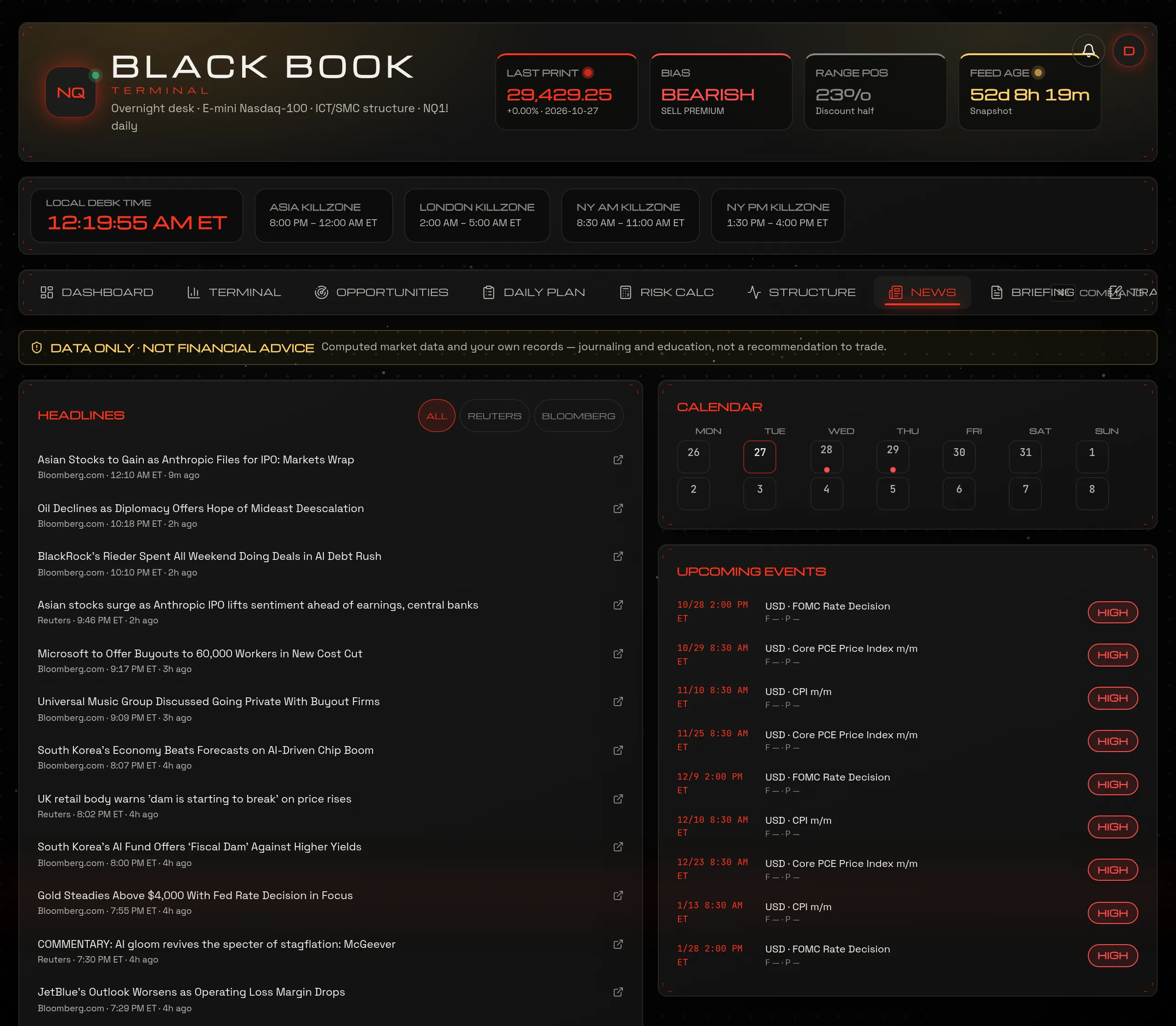 News desk with Reuters and Bloomberg headlines and the economic calendar